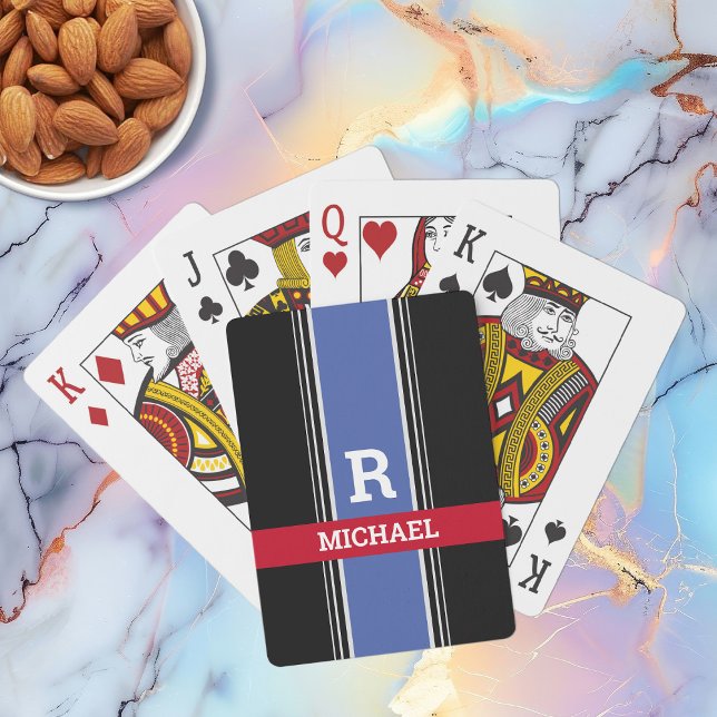 Blue Red & Black Stripes, Bold Monogram & Name Playing Cards (Creator Uploaded)