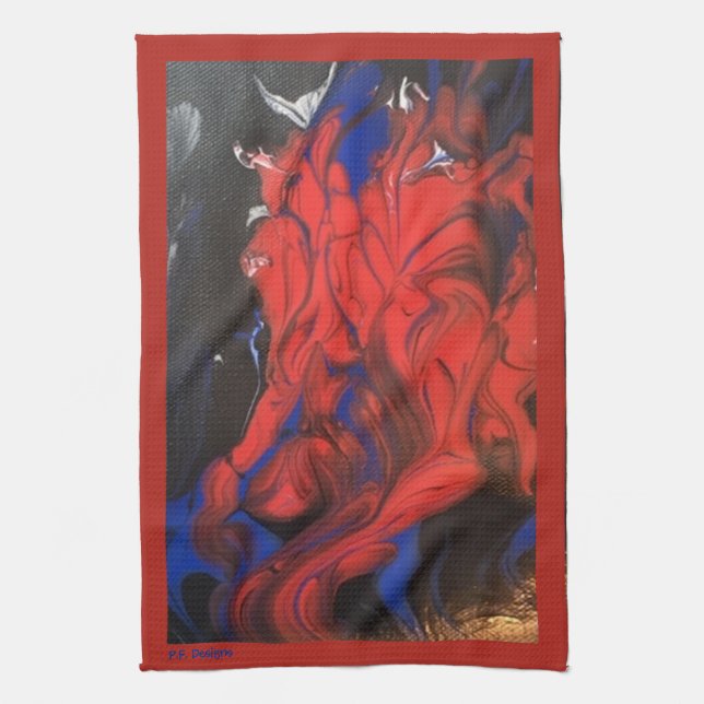 Blue Red Black White Abstract Acrylic Tea Towel (Vertical)