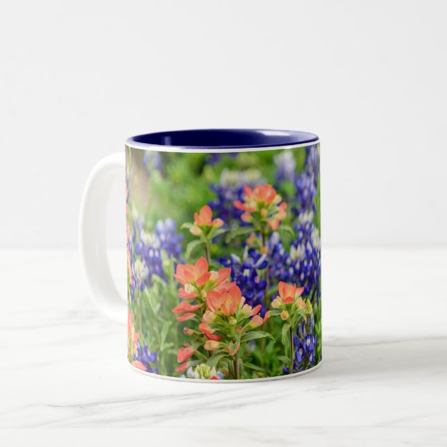 Blue & red Bluebonnets & paintbrushes wildflowers Two-Tone Coffee Mug (Front Left)