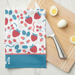 Blue Red Boho Strawberry Pattern Monogram Tea Towel