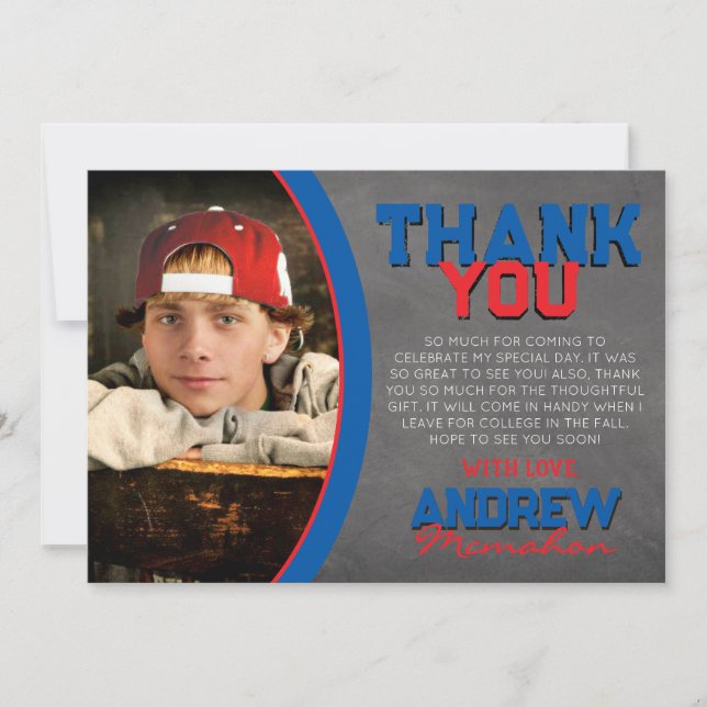 Blue & Red Chalkboard Graduation Thank You Card (Front)