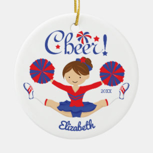 Blue Red Cheer Brunette Cheerleader Personalised Ceramic Ornament