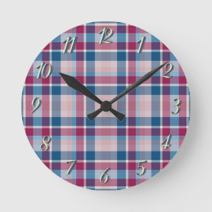 Blue Red Classic Plaid Round Clock