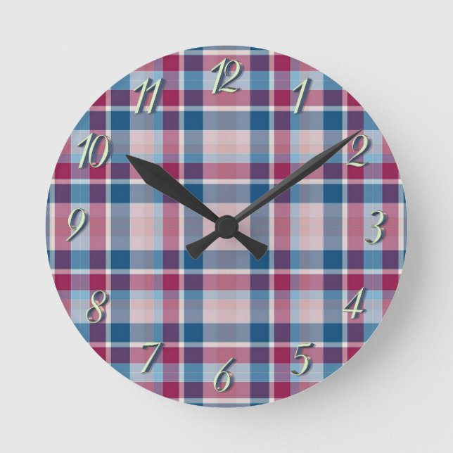 Blue Red Classic Plaid Round Clock (Front)