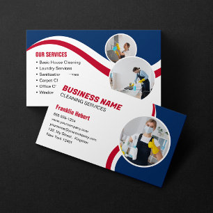 Blue & Red Cleaning Service Housekeeping Maid Business Card
