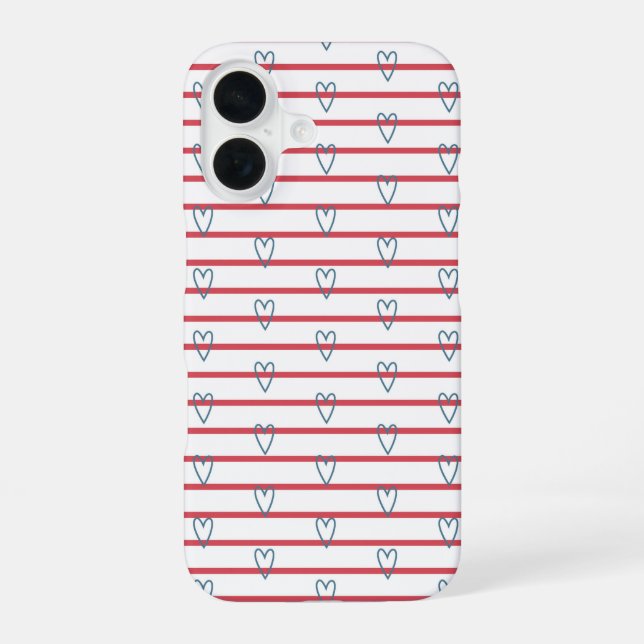 Blue Red Coastal Nautical Hearts Stripes Cute Chic iPhone 16 Case (Back)