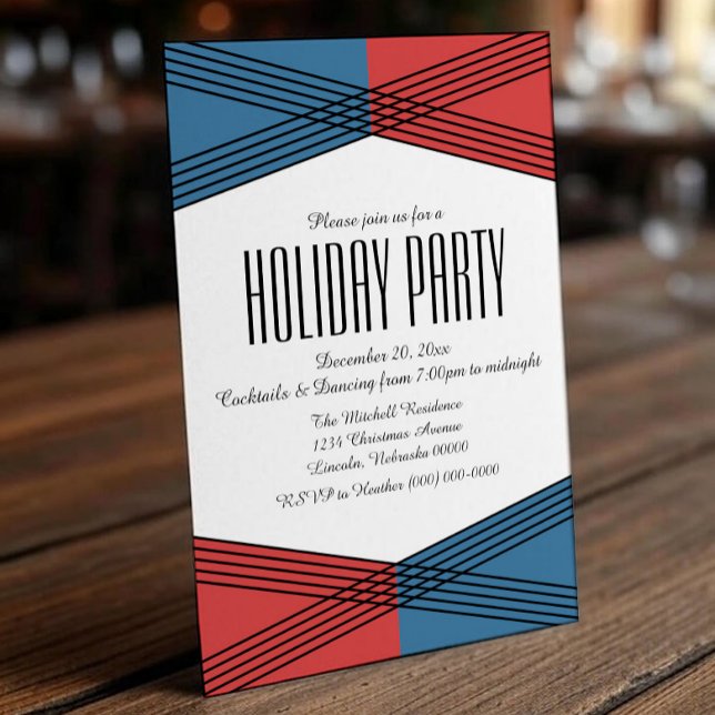Blue Red Colourful Deco Holiday Party Invite (Blue Red Colorful Deco Holiday Party Invite)