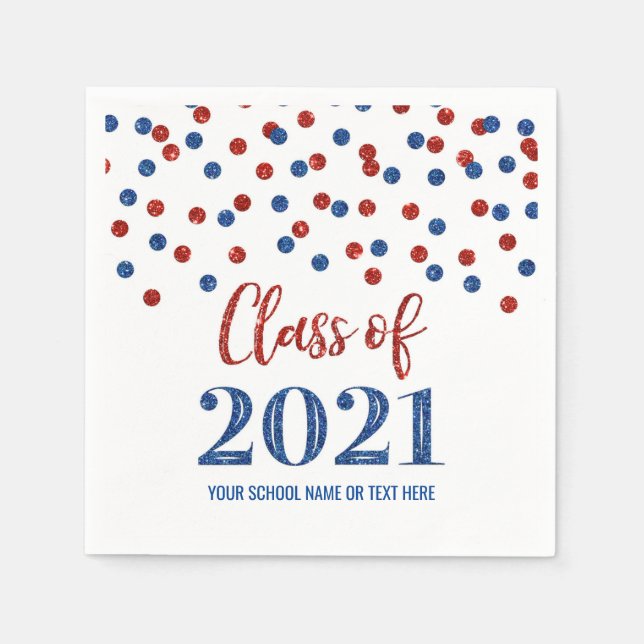 Blue Red Confetti Class of 2021 Graduation Napkin (Front)