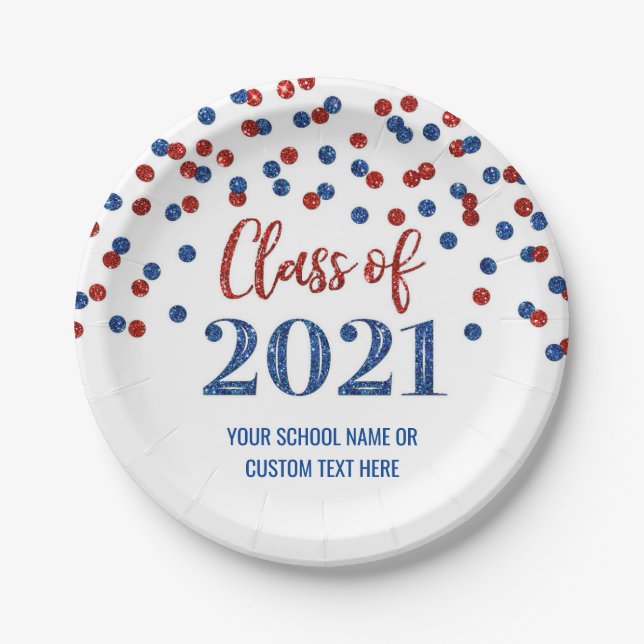 Blue Red Confetti Graduation 2021 Paper Plate (Front)