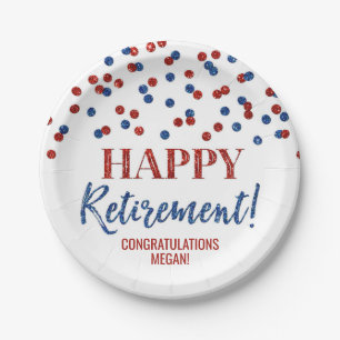 Blue Red Confetti Happy Retirement Paper Plate