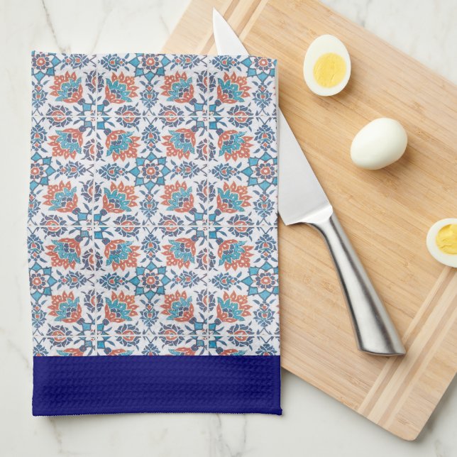 Blue Red Cornflower Floral Pattern Blue Border Tea Towel (Quarter Fold)