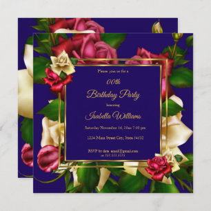 Blue Red cream Rose floral Gold Birthday Party Invitation