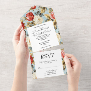 Blue Red Cream Rose Floral Wedding All In One Invitation
