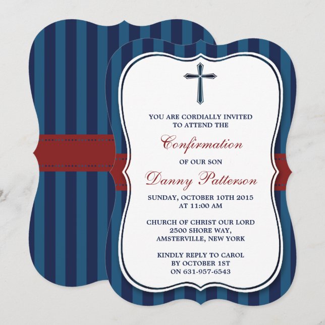 Blue & Red Cross Holy Communion Or Confirmation Invitation (Front/Back)