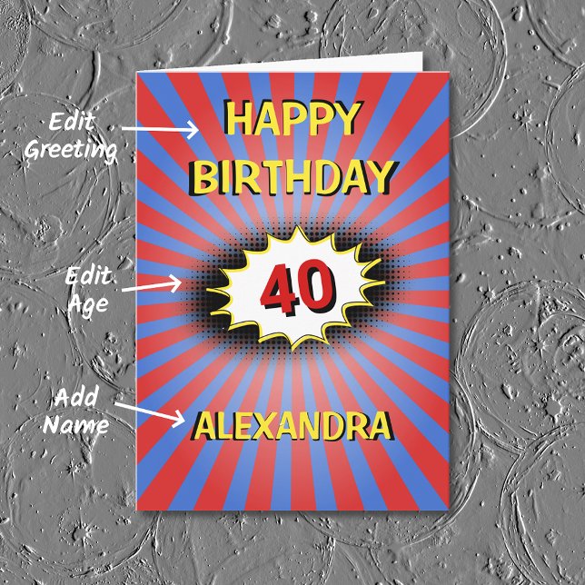 Blue red custom name and age retro birthday card (Creator Uploaded)