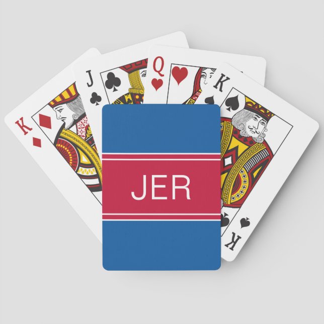 Blue & Red Custom Personalised Monogram Initials Playing Cards (Back)