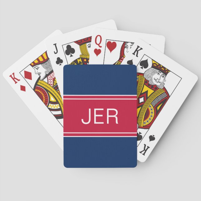 Blue & Red Custom Personalised Monogram Initials Playing Cards (Back)