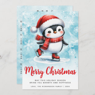 Blue Red Cute Ice Skating Penguin Merry Christmas Holiday Card