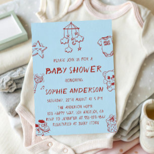 Blue & Red Cute Minimalist Doodle Baby Shower Invitation