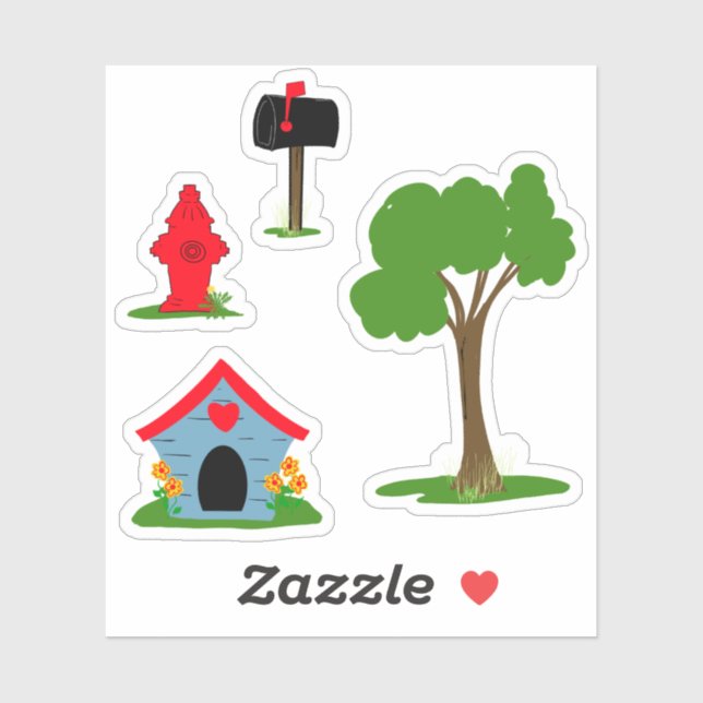 Blue Red doghouse Black mailbox Green tree (Sheet)