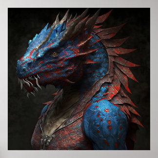 Blue red dragon portrait AI art Poster