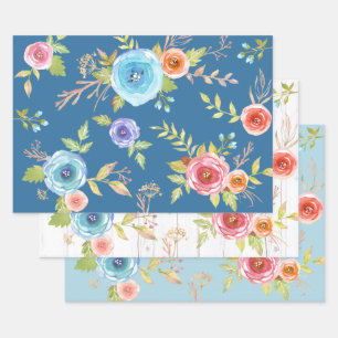 Blue red elegant country floral watercolor chic wrapping paper sheet