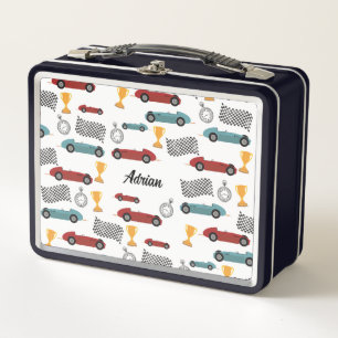 Blue & Red Fast Retro Vintage Racing Cars Metal Lunch Box