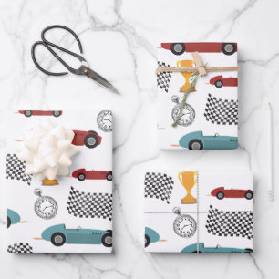 Blue & Red Fast Retro Vintage Racing Cars Wrapping Paper Sheet