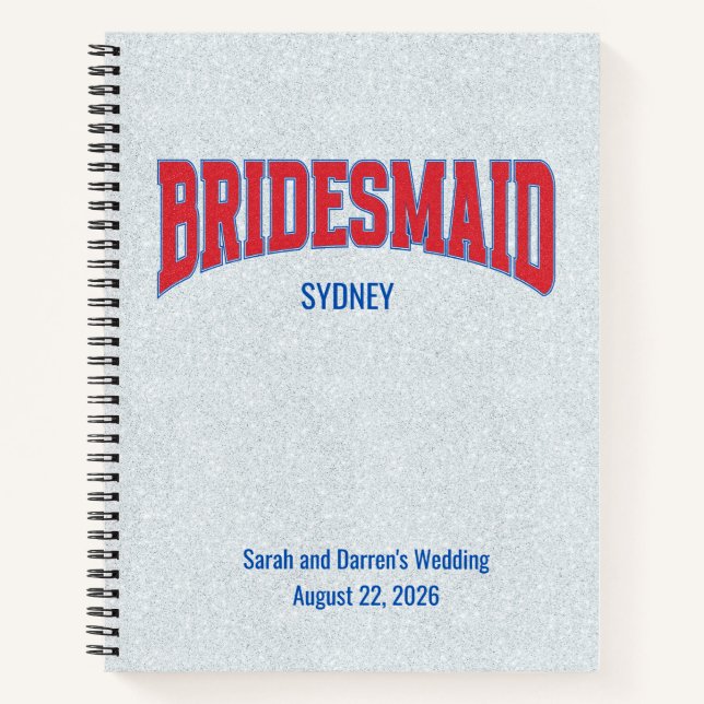 Blue + Red Faux Glitter BRIDESMAID Bachelorette Notebook (Front)