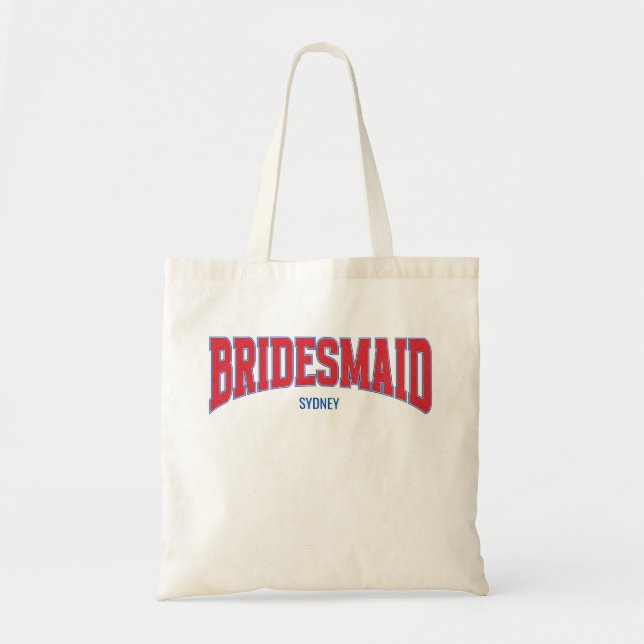 Blue + Red Faux Glitter BRIDESMAID Bachelorette Tote Bag (Front)