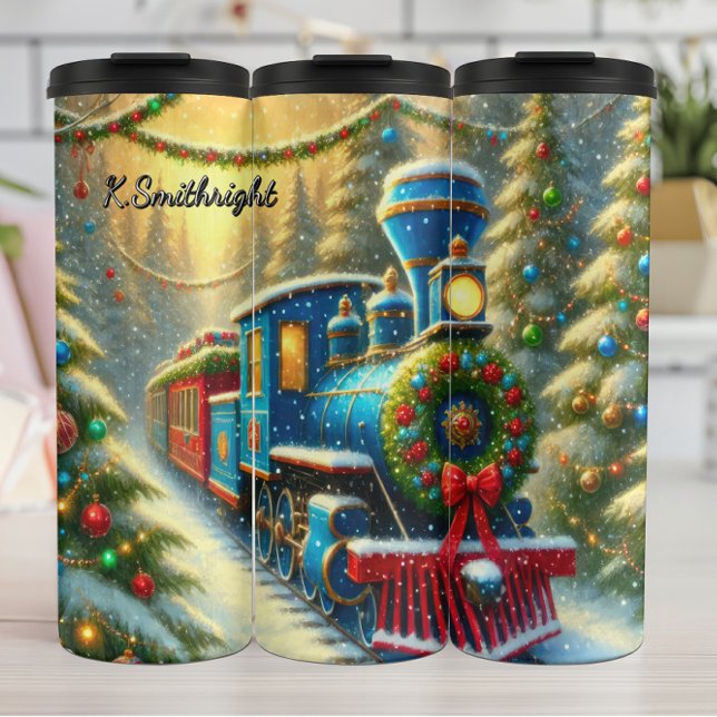 Blue Red Festive Train Ornament Forest Thermal Tumbler (Creator Uploaded)
