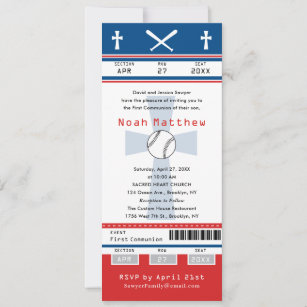 Blue Red First Communion Baseball Ticket Invitation