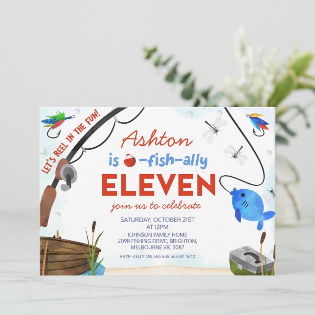 Blue Red Fishing Ofishally Eleven Birthday Invitation (Standing Front)