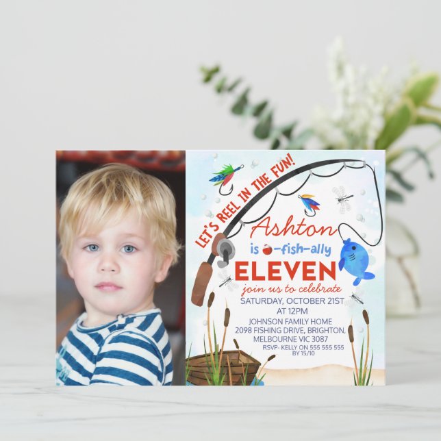 Blue Red Fishing Ofishally Eleven Birthday  Invitation (Standing Front)