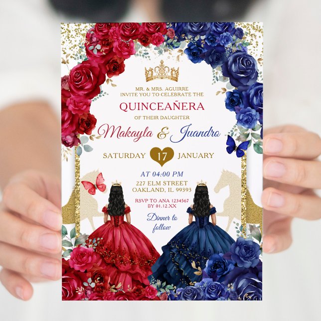 Blue Red Floral Elegant Twins Girls Quinceanera Invitation (Creator Uploaded)