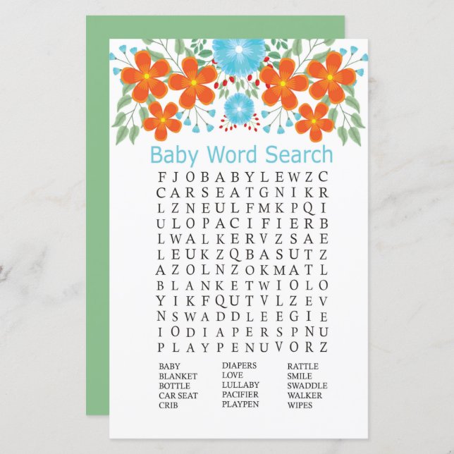 Blue Red Flowers Baby Shower Word Search Game (Front/Back)
