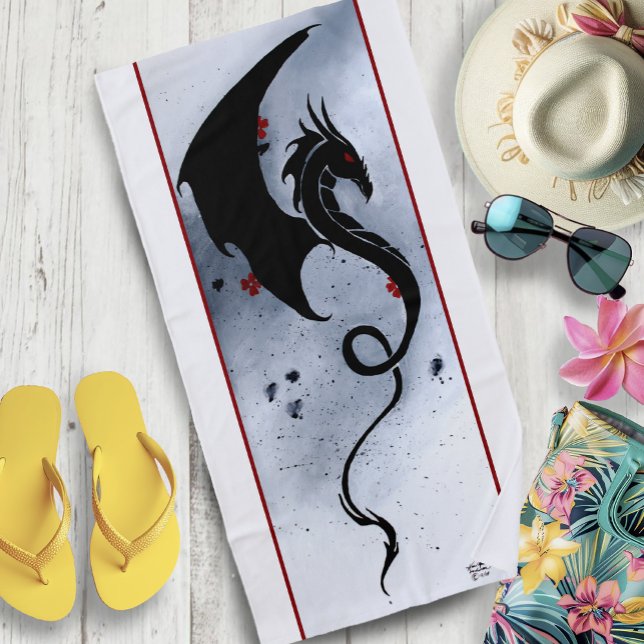 Blue Red Flowers Black Dragon Beach Towel (Creator Uploaded)