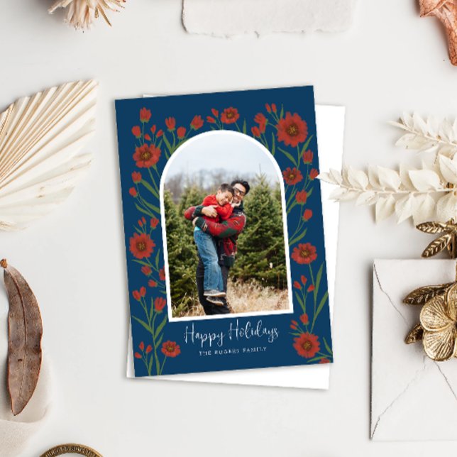 Blue Red Flowers Boho Arched Photo Holiday Card (Creator Uploaded)