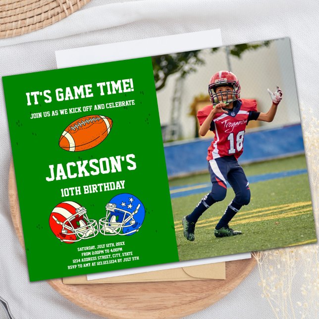 Blue & Red Football Birthday Invitations (Blue Red Football Birthday Invitations w photo)