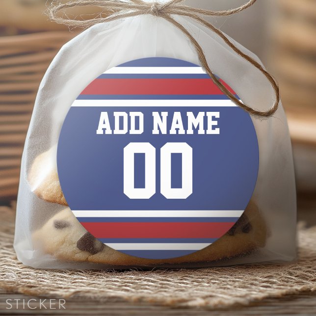 Blue Red Football Jersey Custom Name Number Classic Round Sticker (Custom Sticker for Party Favors and Envelopes)