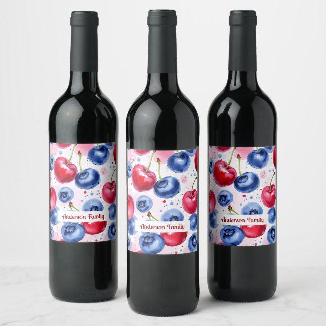 Blue Red Fruit Berry Cherry Watercolor Pattern Wine Label (Bottles)
