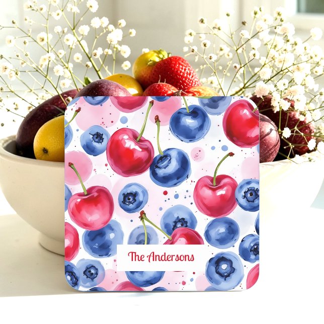 Blue Red Fruit Food Pattern Berry Cherry Square Paper Coaster (Creator Uploaded)