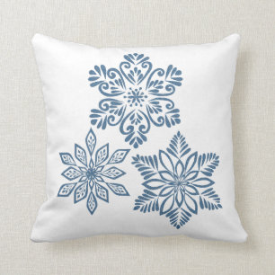 Blue Red Glitter Snowflakes White Christmas Cushion