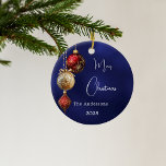 Blue red gold baubles Christmas Ceramic Ornament<br><div class="desc">An navy blue uneven coloured background. Decorated with red and gold baubles.  Personalise and add your name,  year.  Text: Merry Christmas</div>