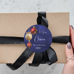 Blue red gold baubles Christmas Classic Round Sticker<br><div class="desc">For a Christmas party favours or gift wrapping. An navy blue uneven coloured background. Decorated with red and gold baubles.  Personalise and add your name,  year.  Text: Merry Christmas</div>