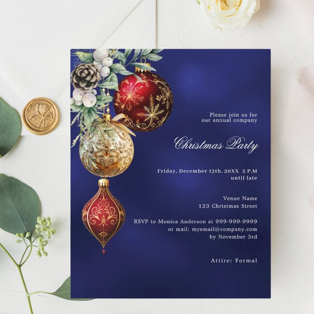 Blue red gold baubles Christmas Party invitation (Creator Uploaded)