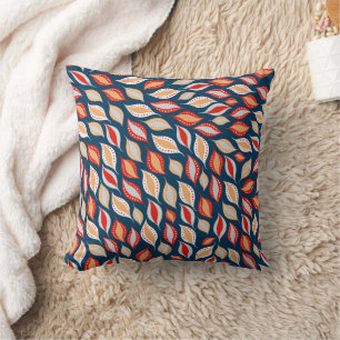 Blue Red Gold Boho Style Leaves Pattern Cushion