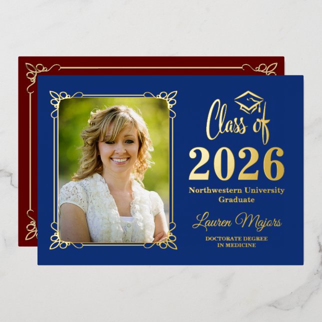 Blue, Red Gold FOIL Class of 2026 Photo Graduation (Front/Back)