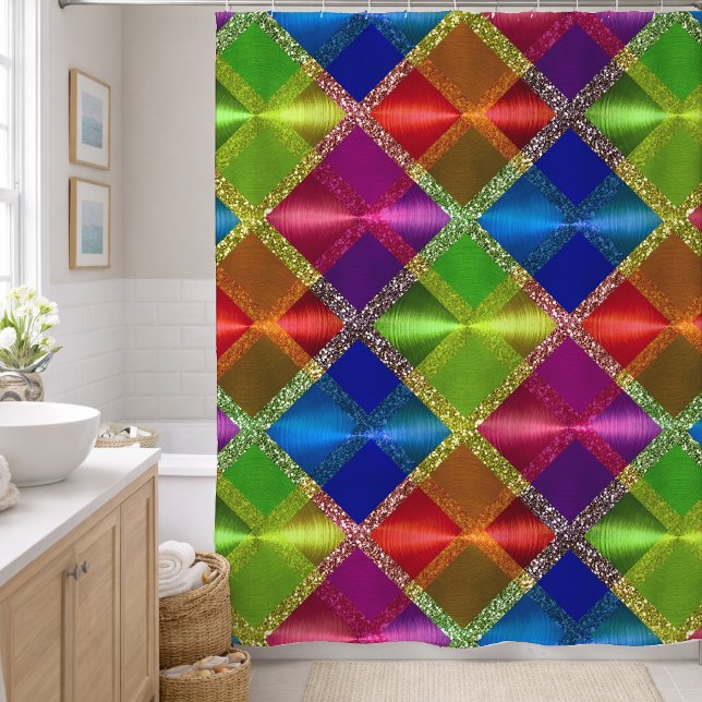 Blue Red Green Glitter Plaid Design Shower Curtain (Creator Uploaded)