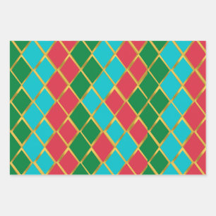 Blue Red Green Gold Diamond pattern Wrapping Paper Sheet